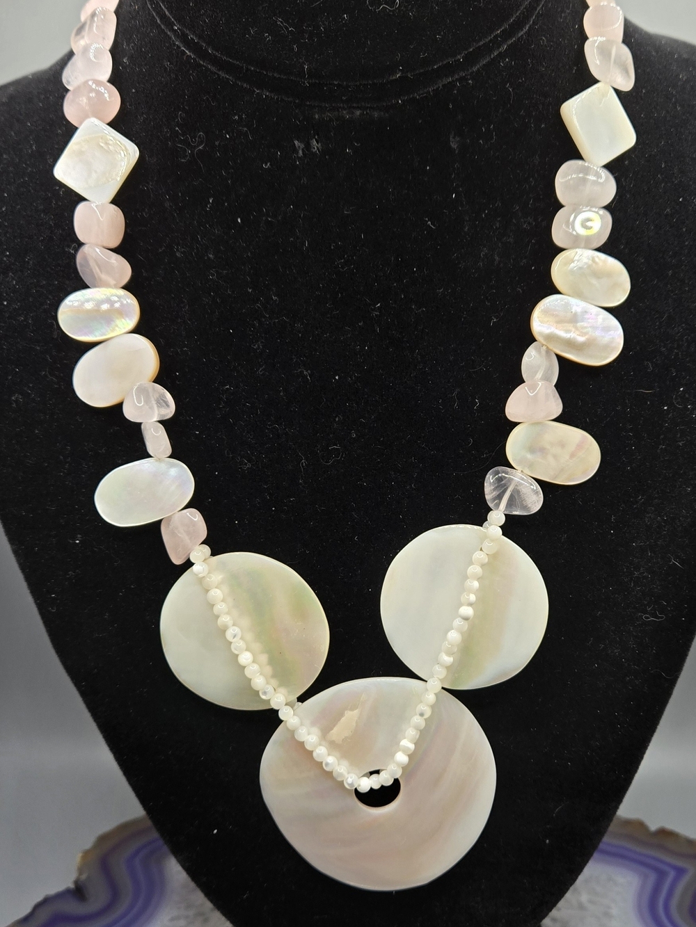 925 Mother of Pearl & Pink Jadeite Necklace 18" Long